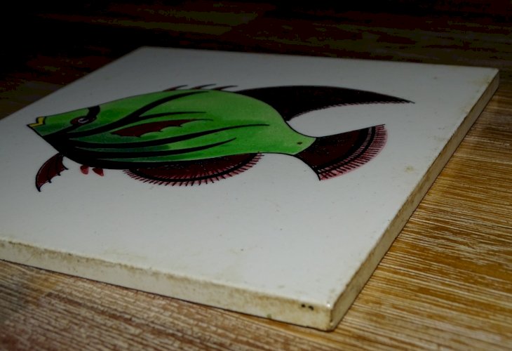 -JOLI CARREAU CERAMIQUE GIEN décor POISSON VERT COLLECTION DECO TABLE  D