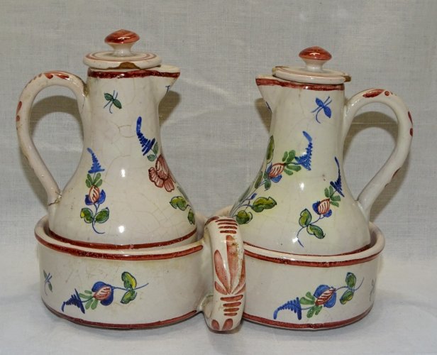 -JOLI HUILIER/VINAIGRIER ANCIEN CERAMIQUE FLEURIE NON SIGNE COLLECTION déco    D