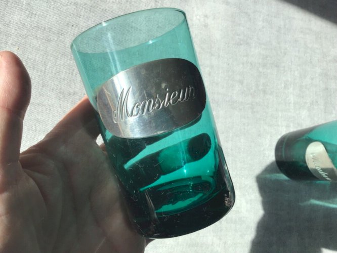 joli Lot de 2 Gobelet verres à dent avec plaque MONSIEUR et MADAME en verre bleu