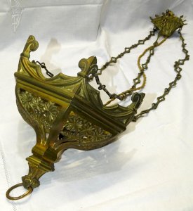 BEAUTIFUL CHAPEL LUSTRE GOTHIC SUSPENSION 19th BRONZE SMALL CHURCH JESUS D