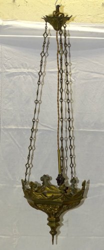 -JOLI LUSTRE de CHAPELLE SUSPENSION GOTHIQUE XIXe BRONZE PETITE EGLISE JESUS  D