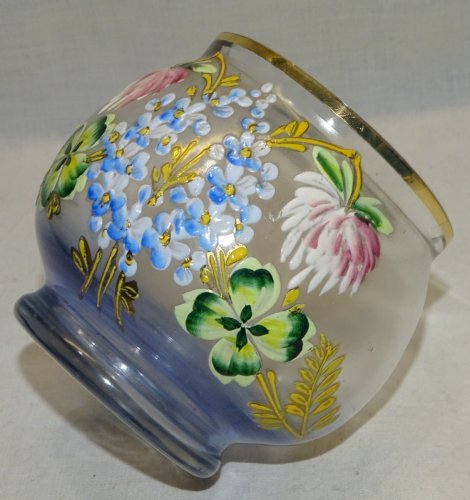 - JOLI PETIT VASE ou POT ROND VERRE AVEC FLEURS EMAILLEES EMAIL en EPAISSEUR   D