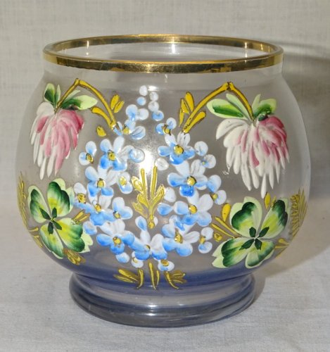 - JOLI PETIT VASE ou POT ROND VERRE AVEC FLEURS EMAILLEES EMAIL en EPAISSEUR   D