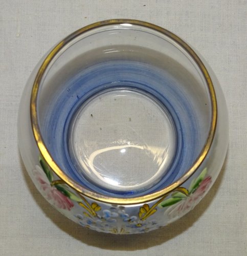 - JOLI PETIT VASE ou POT ROND VERRE AVEC FLEURS EMAILLEES EMAIL en EPAISSEUR   D
