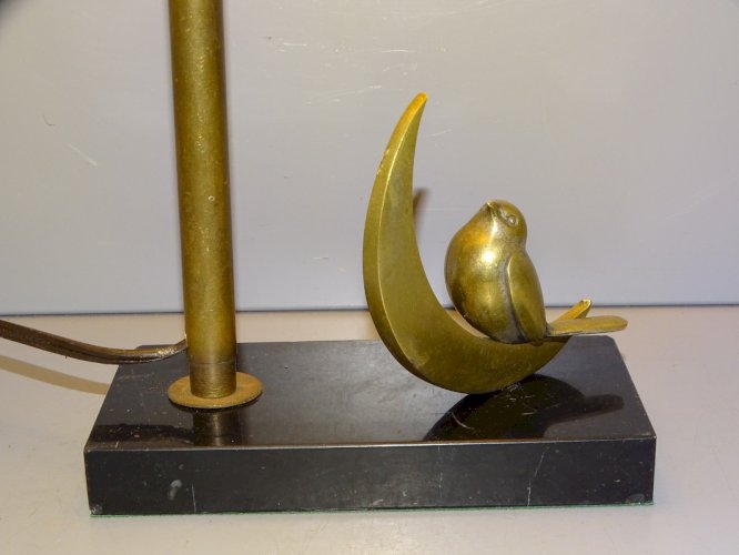 -JOLI PIED de LAMPE OISEAU BRONZE SUR QUART DE LUNE SOCLE MARBRE NOIR  D