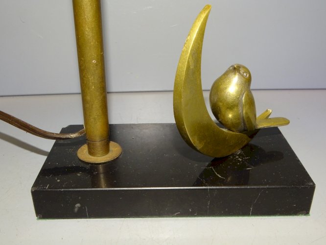-JOLI PIED de LAMPE OISEAU BRONZE SUR QUART DE LUNE SOCLE MARBRE NOIR  D