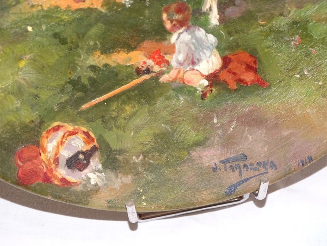 - JOLI PLAT DECORATIF CERAMIQUE  IMPRESSIONNISTE Signé TARAZONA et daté 1918   D
