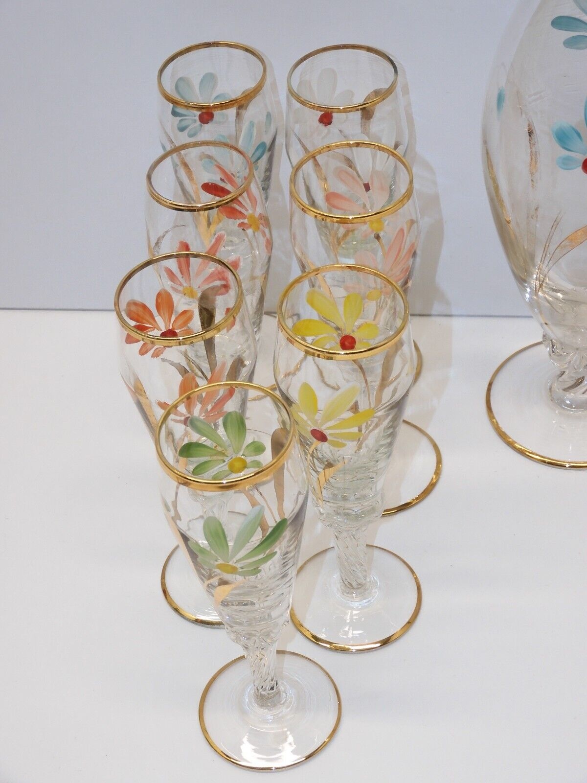 Lot De 7 Verres à Liqueur Vintage – Pieds Colorés Et Doré, Style Rétro Chic, Années 20-40