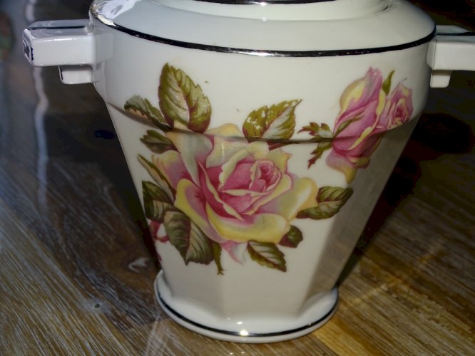 -JOLI SUCRIER POT COUVERT PORCELAINE ART DECO ROSES couleur ROSE liseré ARGENT D