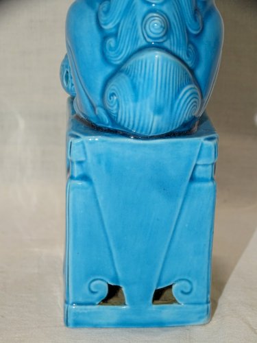 -JOLI SUJET CHIEN DE FÔ ASIATIQUE ASIE CERAMIQUE Glaçure BLEU TURQUOISE    D