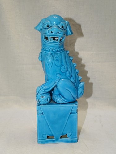 -JOLI SUJET CHIEN DE FÔ ASIATIQUE ASIE CERAMIQUE Glaçure BLEU TURQUOISE    D