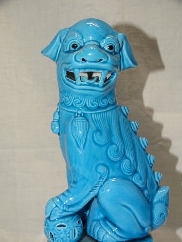 -JOLI SUJET CHIEN DE FÔ ASIATIQUE ASIE CERAMIQUE Glaçure BLEU TURQUOISE    D