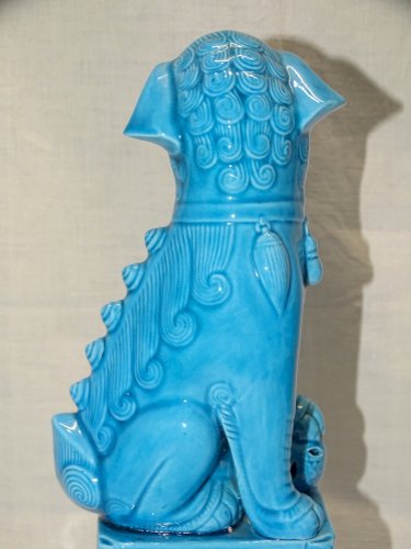 -JOLI SUJET CHIEN DE FÔ ASIATIQUE ASIE CERAMIQUE Glaçure BLEU TURQUOISE    D