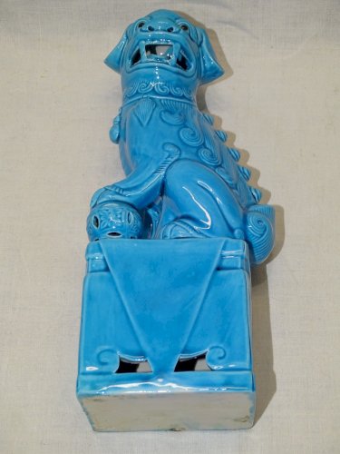 -JOLI SUJET CHIEN DE FÔ ASIATIQUE ASIE CERAMIQUE Glaçure BLEU TURQUOISE    D
