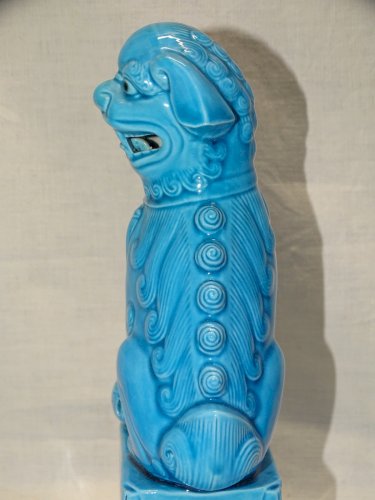-JOLI SUJET CHIEN DE FÔ ASIATIQUE ASIE CERAMIQUE Glaçure BLEU TURQUOISE    D