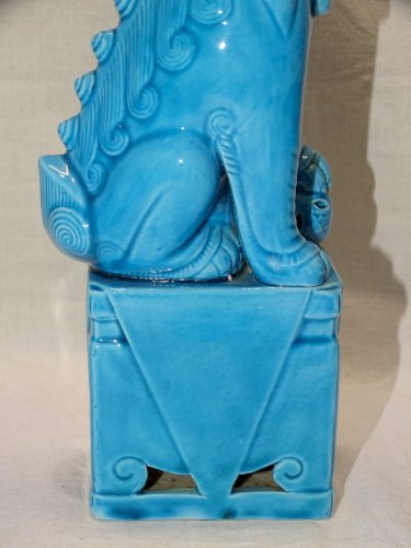 -JOLI SUJET CHIEN DE FÔ ASIATIQUE ASIE CERAMIQUE Glaçure BLEU TURQUOISE    D