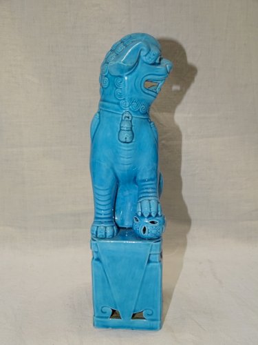 -JOLI SUJET CHIEN DE FÔ ASIATIQUE ASIE CERAMIQUE Glaçure BLEU TURQUOISE    D