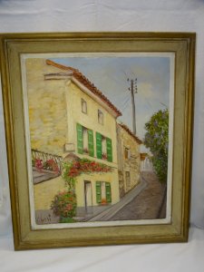 -JOLI TABLEAU HST RUELLE de VILLAGE signé VIBERT  ( 1917/1995 ) CADRE BOIS   D