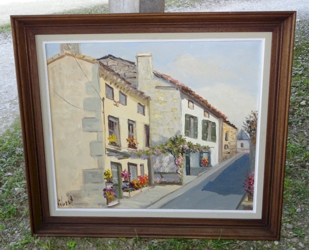 -JOLI TABLEAU HST RUELLE de VILLAGE signé VIBERT  ( 1917/1995 ) CADRE BOIS   D