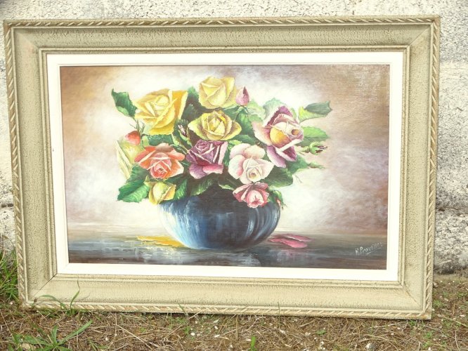-JOLI TABLEAU HUILE SUR PANNEAU BOUQUET ROSES  signé R PROVENCE ENCADRE DECO  D