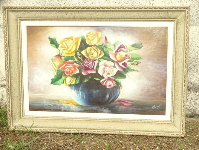 -JOLI TABLEAU HUILE SUR PANNEAU BOUQUET ROSES  signé R PROVENCE ENCADRE DECO  D