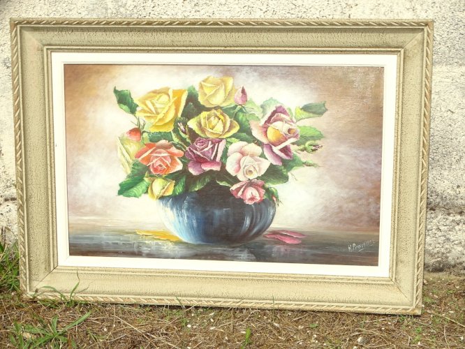 -JOLI TABLEAU HUILE SUR PANNEAU BOUQUET ROSES  signé R PROVENCE ENCADRE DECO  D