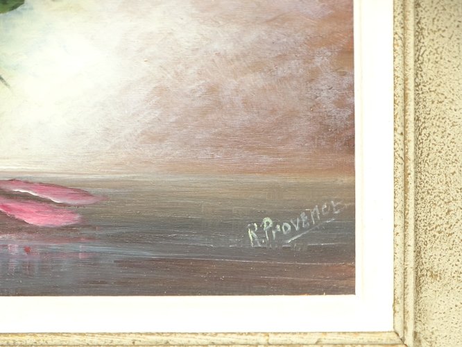 -JOLI TABLEAU HUILE SUR PANNEAU BOUQUET ROSES  signé R PROVENCE ENCADRE DECO  D