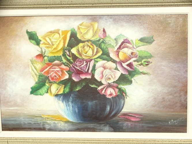 -JOLI TABLEAU HUILE SUR PANNEAU BOUQUET ROSES  signé R PROVENCE ENCADRE DECO  D