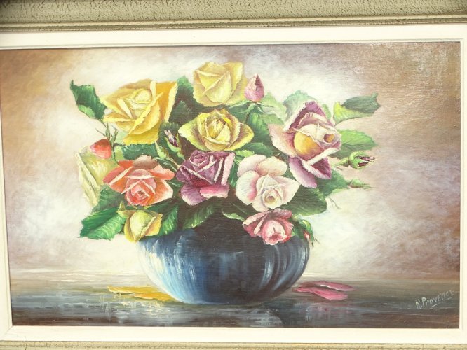 -JOLI TABLEAU HUILE SUR PANNEAU BOUQUET ROSES  signé R PROVENCE ENCADRE DECO  D