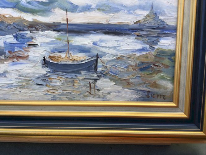 Joli TABLEAU HUILE TRÈ ÉPAISSE S/TOILE MONT ST MICHEL MARINE BATEAU signé PIERRE