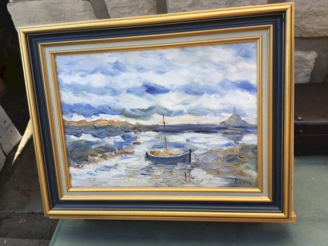 Joli TABLEAU HUILE TRÈ ÉPAISSE S/TOILE MONT ST MICHEL MARINE BATEAU signé PIERRE