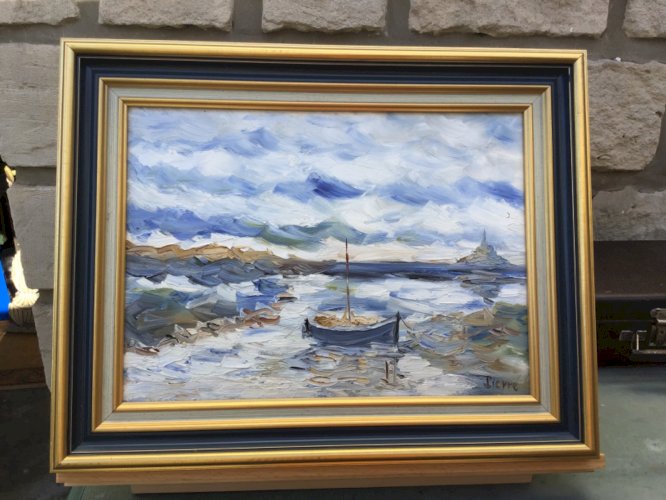 Joli TABLEAU HUILE TRÈ ÉPAISSE S/TOILE MONT ST MICHEL MARINE BATEAU signé PIERRE