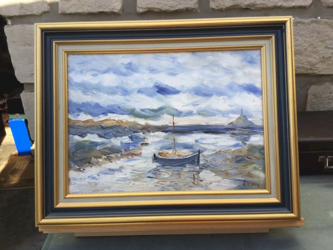 Joli TABLEAU HUILE TRÈ ÉPAISSE S/TOILE MONT ST MICHEL MARINE BATEAU signé PIERRE