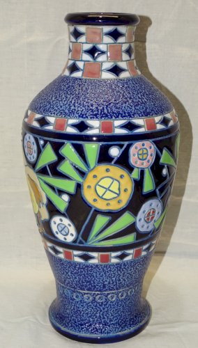 -JOLI VASE AMPHORA tchécoslovaquie Céramique émaillée à décor d'oiseaux 1920  D