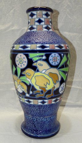 -JOLI VASE AMPHORA tchécoslovaquie Céramique émaillée à décor d'oiseaux 1920  D
