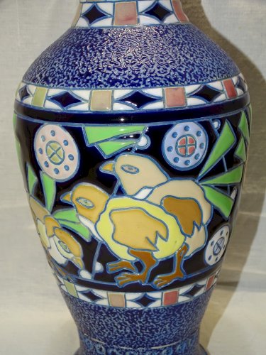 -JOLI VASE AMPHORA tchécoslovaquie Céramique émaillée à décor d'oiseaux 1920  D