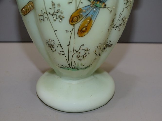 -JOLI VASE OPALINE DOUBLEE VERRE ANSES INCOLORES RAPPORTEES NIII XIXe LIBELLULE