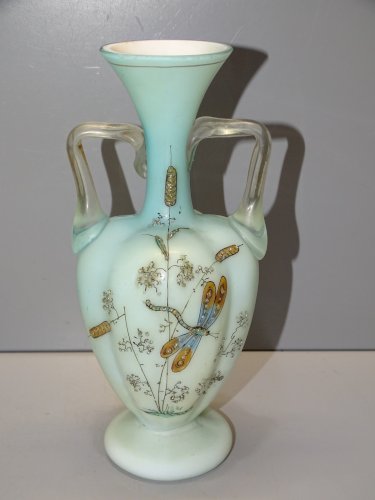 -JOLI VASE OPALINE DOUBLEE VERRE ANSES INCOLORES RAPPORTEES NIII XIXe LIBELLULE