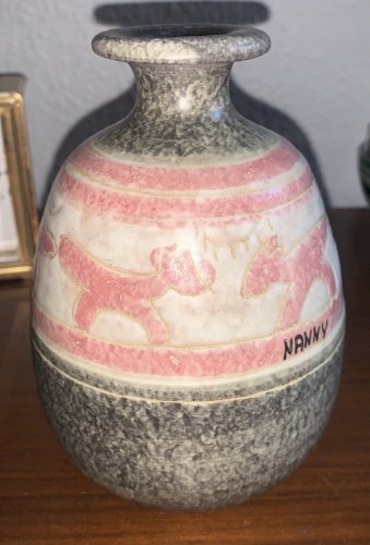 Joli vase vintage céramique ITALY Vannuzzi Giunta sgraffito technique naïf dog