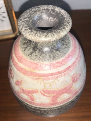 Joli vase vintage céramique ITALY Vannuzzi Giunta sgraffito technique naïf dog