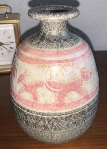Joli vase vintage céramique ITALY Vannuzzi Giunta sgraffito technique naïf dog
