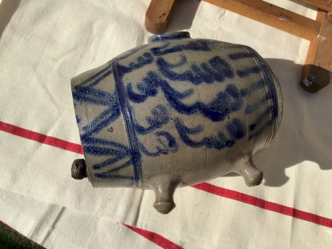 JOLI VINAIGRIER ANCIEN VERNISE GRÈS D'ALSACE BLEU DECOR FAIT MAIN FIN XIXèm TBE