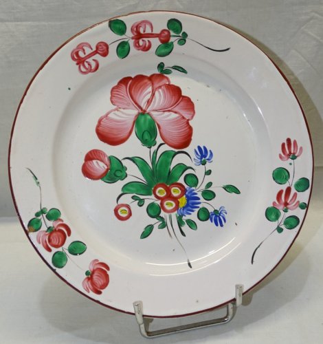 -JOLIE ANCIENNE ASSIETTE XIXe FAÏENCE de L'EST fleurs Rouges et bleues     D