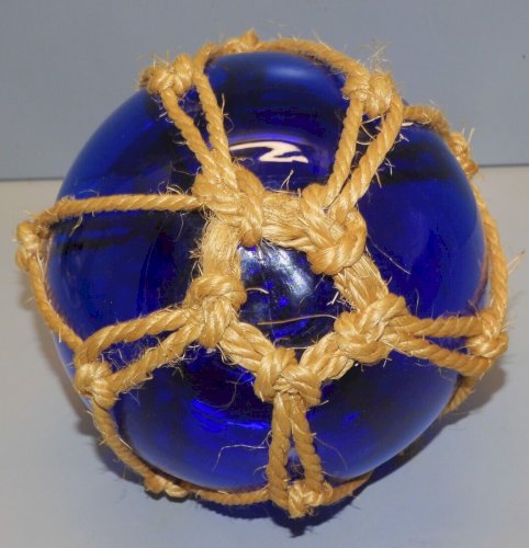 -JOLIE ANCIENNE BOULE de FLOTTEUR de FILET de Pêche couleur BLEUE filet CORDE  D