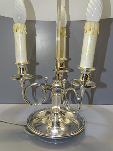 -JOLIE ANCIENNE LAMPE BOUILLOTTE METAL ARGENTE avec son ABAT-JOUR déco    D