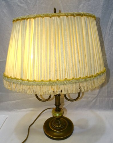 - JOLIE ANCIENNE LAMPE BOUILLOTTE PIED BRONZE /ONYX ABAT JOUR Plissé XXe déco  D
