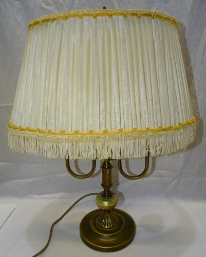 - JOLIE ANCIENNE LAMPE BOUILLOTTE PIED BRONZE /ONYX ABAT JOUR Plissé XXe déco  D