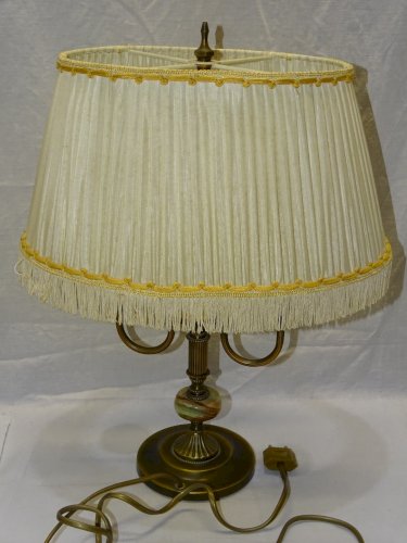 - JOLIE ANCIENNE LAMPE BOUILLOTTE PIED BRONZE /ONYX ABAT JOUR Plissé XXe déco  D