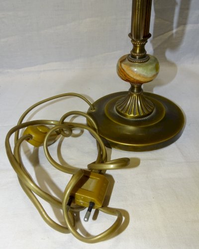 - JOLIE ANCIENNE LAMPE BOUILLOTTE PIED BRONZE /ONYX ABAT JOUR Plissé XXe déco  D