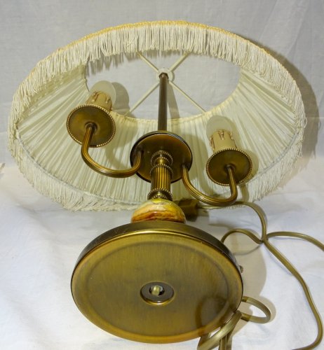 - JOLIE ANCIENNE LAMPE BOUILLOTTE PIED BRONZE /ONYX ABAT JOUR Plissé XXe déco  D
